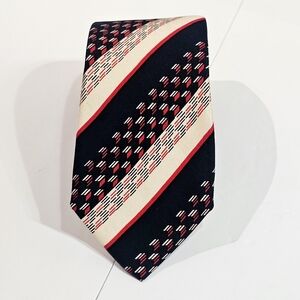 Vintage Shanghai Mens Necktie 100% Silk Navy White Red Diagonal Patterned Stripe